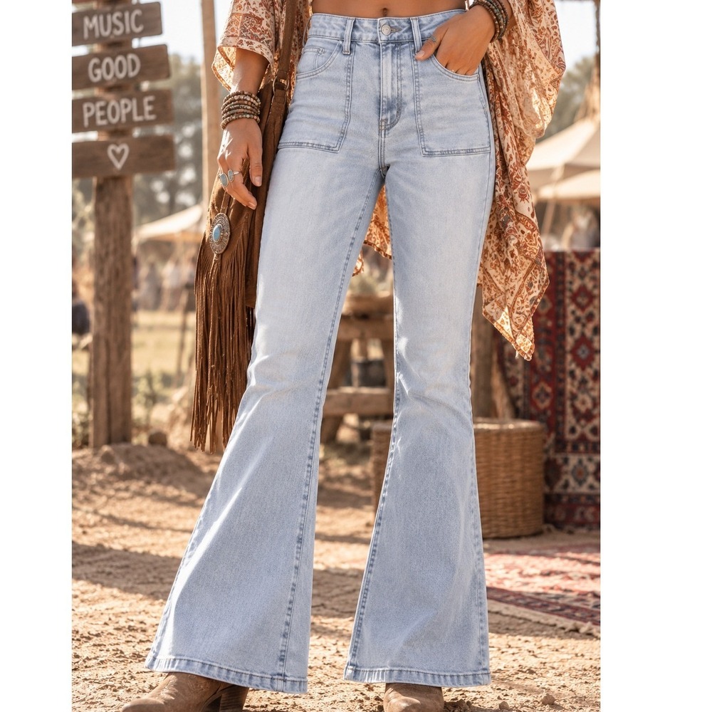 No Boundaries Womens Light Wash Flare Jeans Front Patch Pockets Size 8 Western
